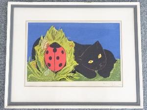 絵画　Luiz Jasmin Bahia筆　猫の図シルクスクリーン　額装